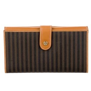 EUC FENDI Pequin Stripe Brown Tan Black French Canvas Leather Long Wallet